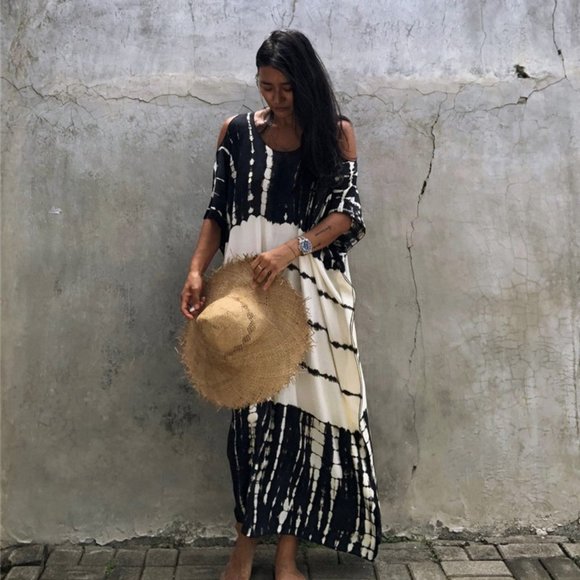 New Boho Tie Dye Kimono Maxi MuMu Tunic Dress Beach Cover-Up Womens - Picture 2 of 11